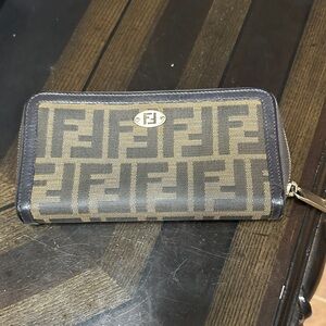 Fendi Dark Brown Leather Wallet with Gold Zipper